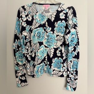 Lilly Pulitzer Floral Button Front Cardigan Sweater 100% Cotton Womens Large
